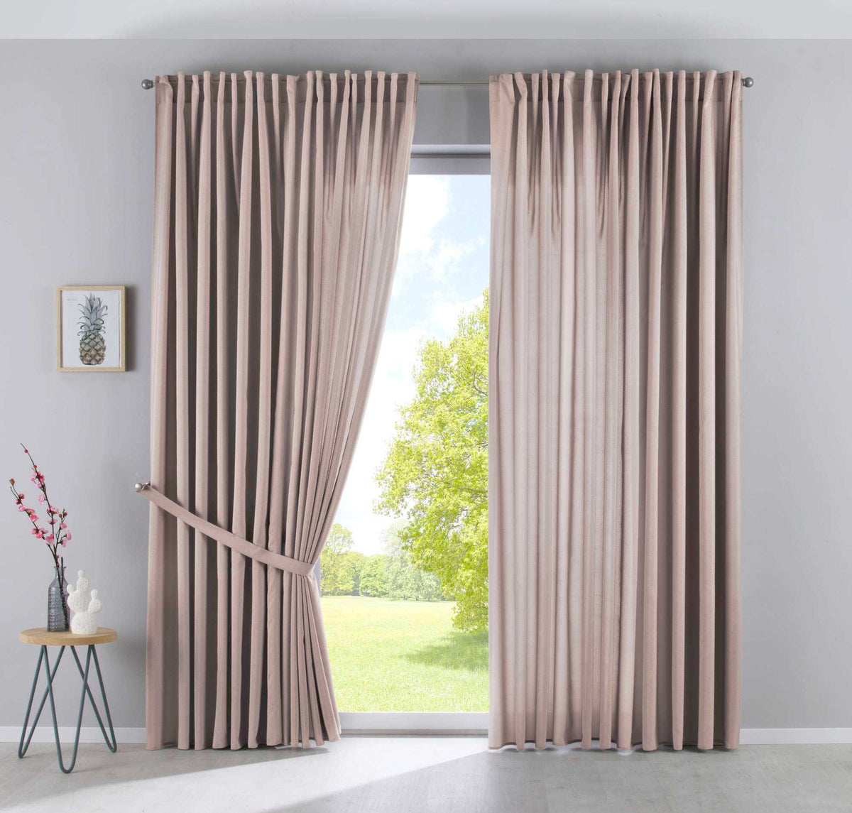 2er Set Vorhänge Verdeckte Schlaufen Cationic »JENA« Blickdicht Leinen Optik Gardinen Meliert Gardinenband mit Raffhalter 2019037-2 Taupe HxB 250x300 cm Vorhang Set 2019037-2taupe-breit | gerdinenbox.com