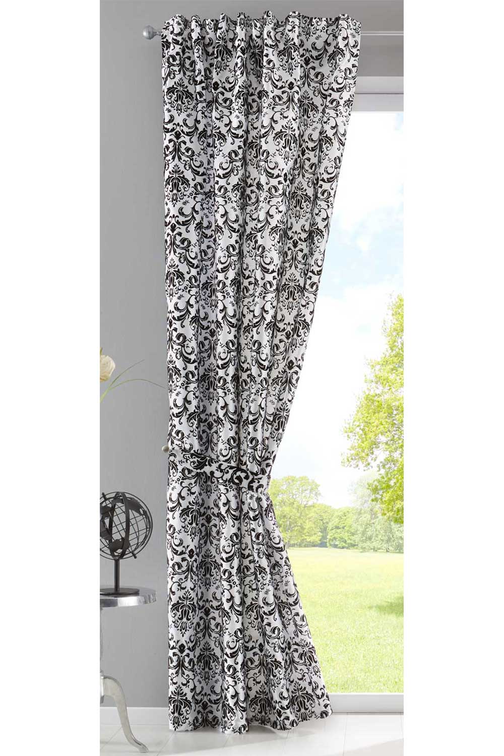 Vorhang Wildseide Optik blickdicht Flockfasern Deko gemustert, blickdicht mit verdecktem Schlaufenband 20200-20210 Weiß Schwarz Barock 1er Set HxB 245x140 cm Vorhang 20200-20210weiss_schwarz_barock | gerdinenbox.com