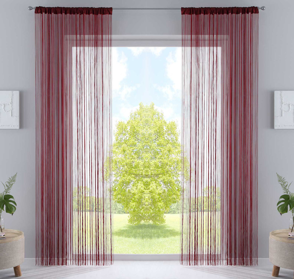 2er Set Fadengardine mit Tunneldurchzug und eingenähtem Kräuselband, geeignet für Gardinenstangen und Gardinenschienen Fadenvorhänge Fadenstores Raumteiler 20303CN2 Bordeaux HxB 270x90 cm Fadengardine 20303CN2bordeaux_c14b6513-1202-48f5-ac6c-a140096c8097 | gerdinenbox.com