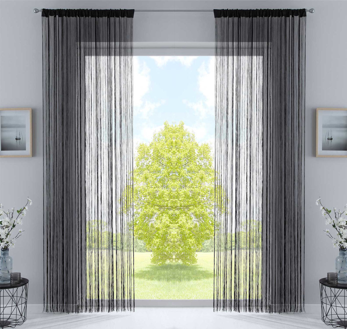 2er Set Fadengardine mit Tunneldurchzug und eingenähtem Kräuselband, geeignet für Gardinenstangen und Gardinenschienen Fadenvorhänge Fadenstores Raumteiler 20303CN2 Schwarz HxB 250x140 cm Fadengardine 20303CN2schwarz_a726f081-f9d3-460d-98e1-9b5609e24e2b | gerdinenbox.com