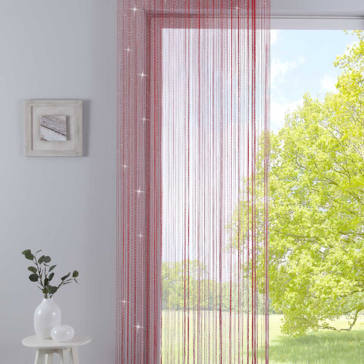 Fadengardine mit Tunneldurchzug und eingenähtem Kräuselband, geeignet für Gardinenstangen und Gardinenschienen Fadenvorhang Fadenstore Raumteiler 20303CN Rot Lurex HxB 250x140 cm Fadengardine 20303CNrot_lurex_70e995b8-1929-42a6-b7f2-24712488a9de | gerdinenbox.com