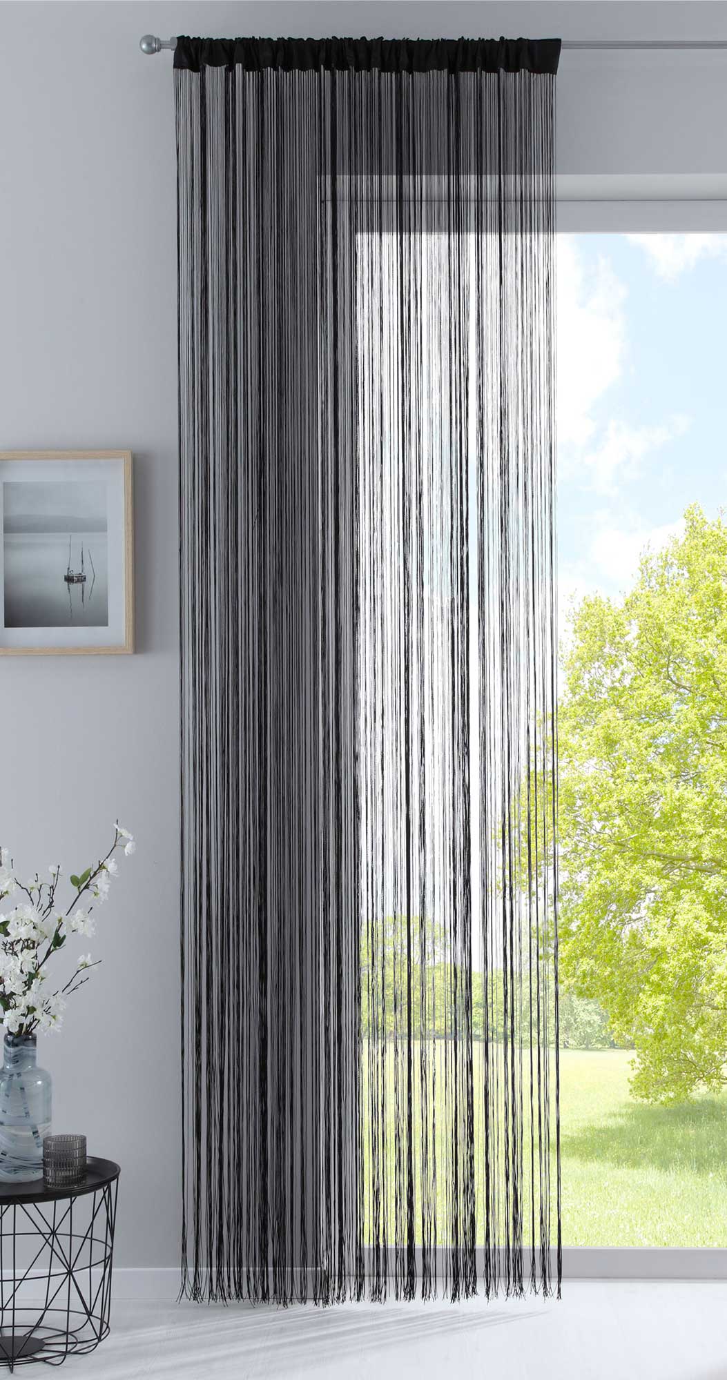 Fadengardine mit Tunneldurchzug und eingenähtem Kräuselband, geeignet für Gardinenstangen und Gardinenschienen Fadenvorhang Fadenstore Raumteiler 20303CN Schwarz HxB 250x140 cm Fadengardine 20303CNschwarz_d3ef7f78-a2f1-45a5-957c-12036bb59ac8 | gerdinenbox.com
