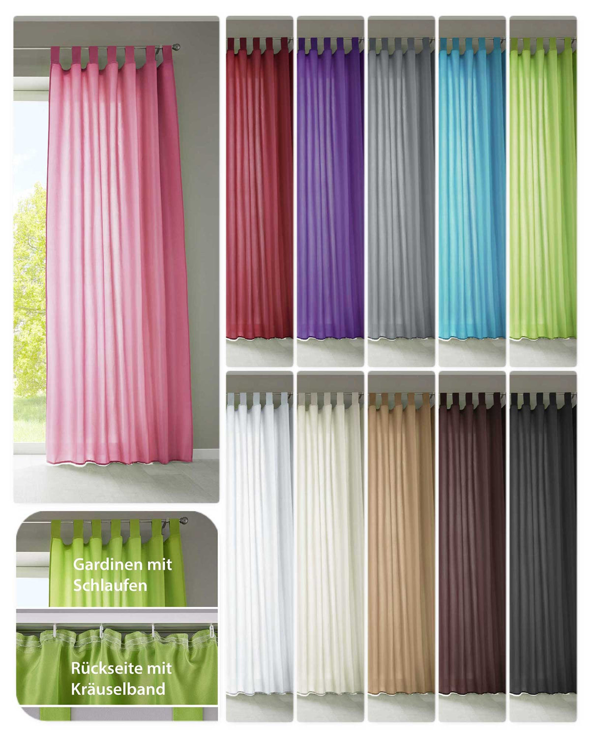 1er Set Vorhang Schal Schlaufen »Berlin« Microsatin Lichtdurchlässig Kräuselband Uni Matt 20400N Gardinenschal 20400Nvar | gerdinenbox.com