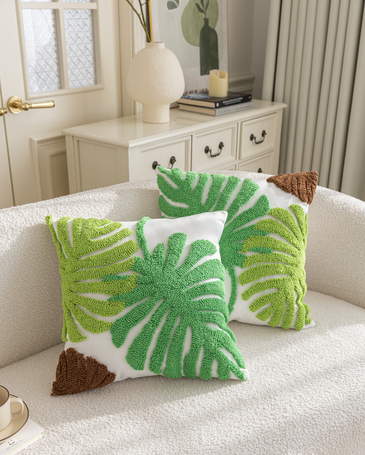 Kissenhülle »Cottbus« LxB 45x45 cm Grün Frottee-Stickerei 100% Baumwolle Monstera Blattmuster hochwertiger Leinenstoff 202490K Kissenhülle 3F3A3694 | gerdinenbox.com