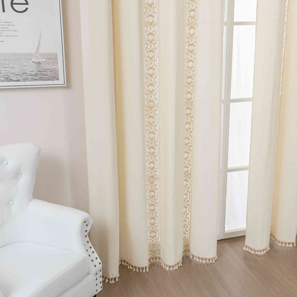 Vorhang Ösen »Osaka« HxB 245x140 cm Creme 100% Baumwolle Linenlook Makrameespitze Bommeln Raffhalter Gardinenschal 3F3A7205 | gerdinenbox.com