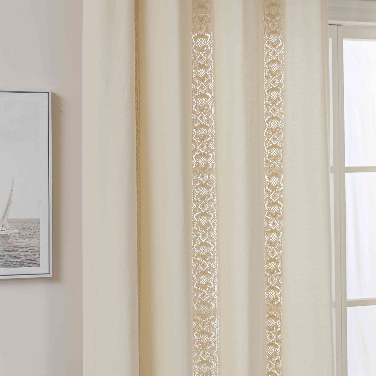 Vorhang Ösen »Osaka« HxB 245x140 cm Creme 100% Baumwolle Linenlook Makrameespitze Bommeln Raffhalter Gardinenschal 3F3A7213 | gerdinenbox.com
