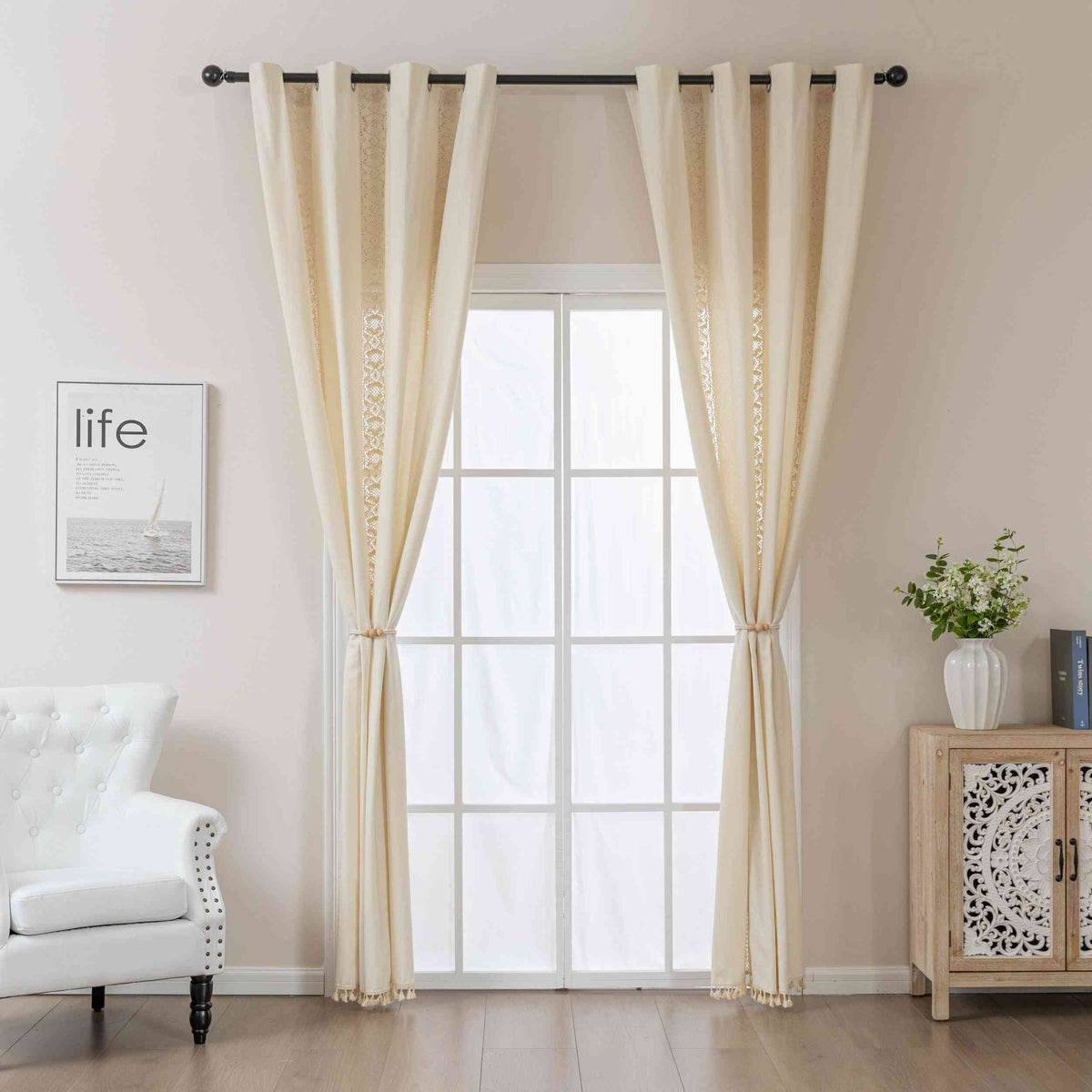 Vorhang Ösen »Osaka« HxB 245x140 cm Creme 100% Baumwolle Linenlook Makrameespitze Bommeln Raffhalter Gardinenschal 3F3A7254 | gerdinenbox.com