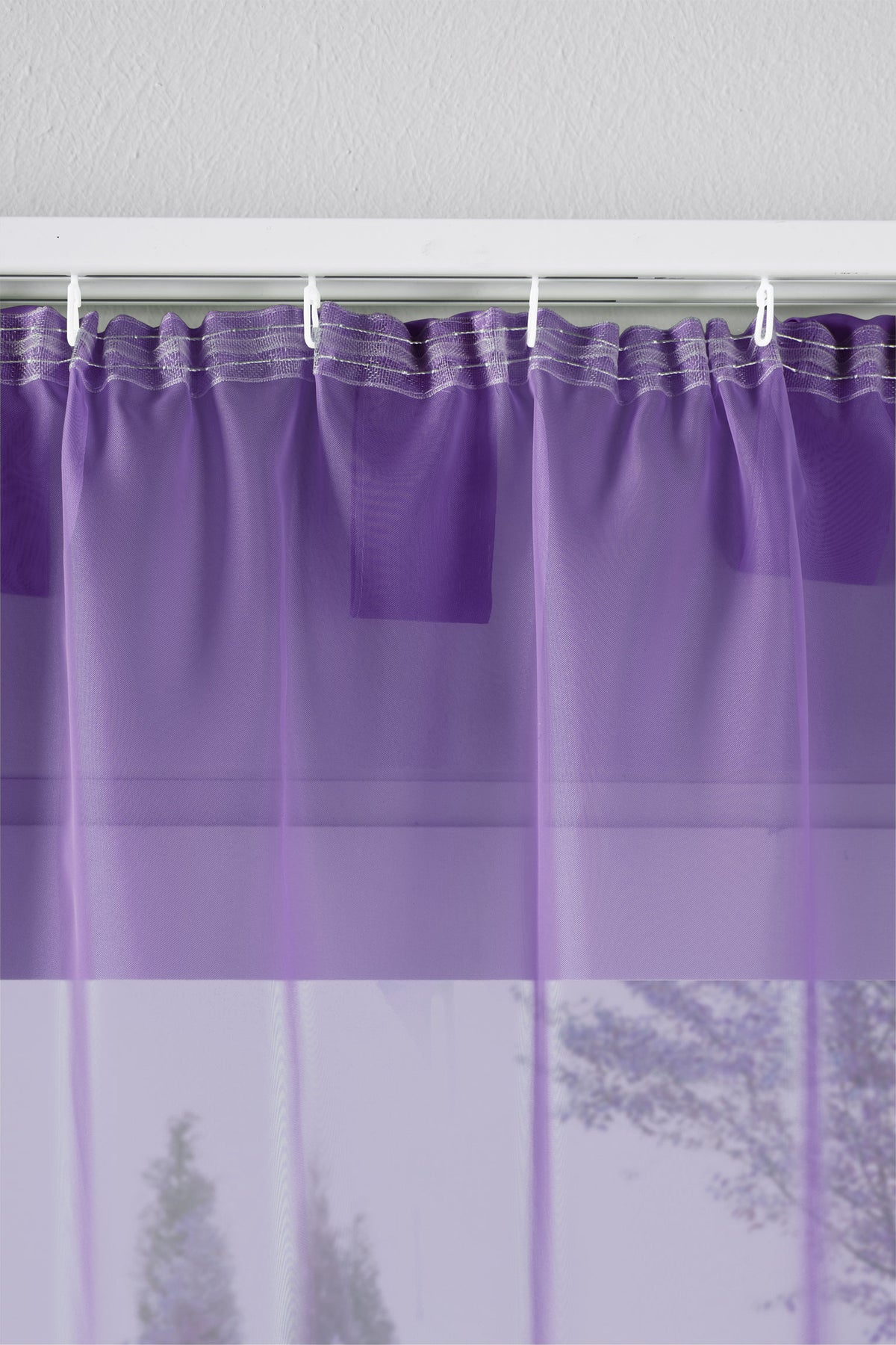 2er-Pack Gardinen Transparent Vorhang Set Wohnzimmer Voile Schlaufenschal mit Bleibandabschluß 61000CN Gardinen Set 61175_schiene_lila | gerdinenbox.com