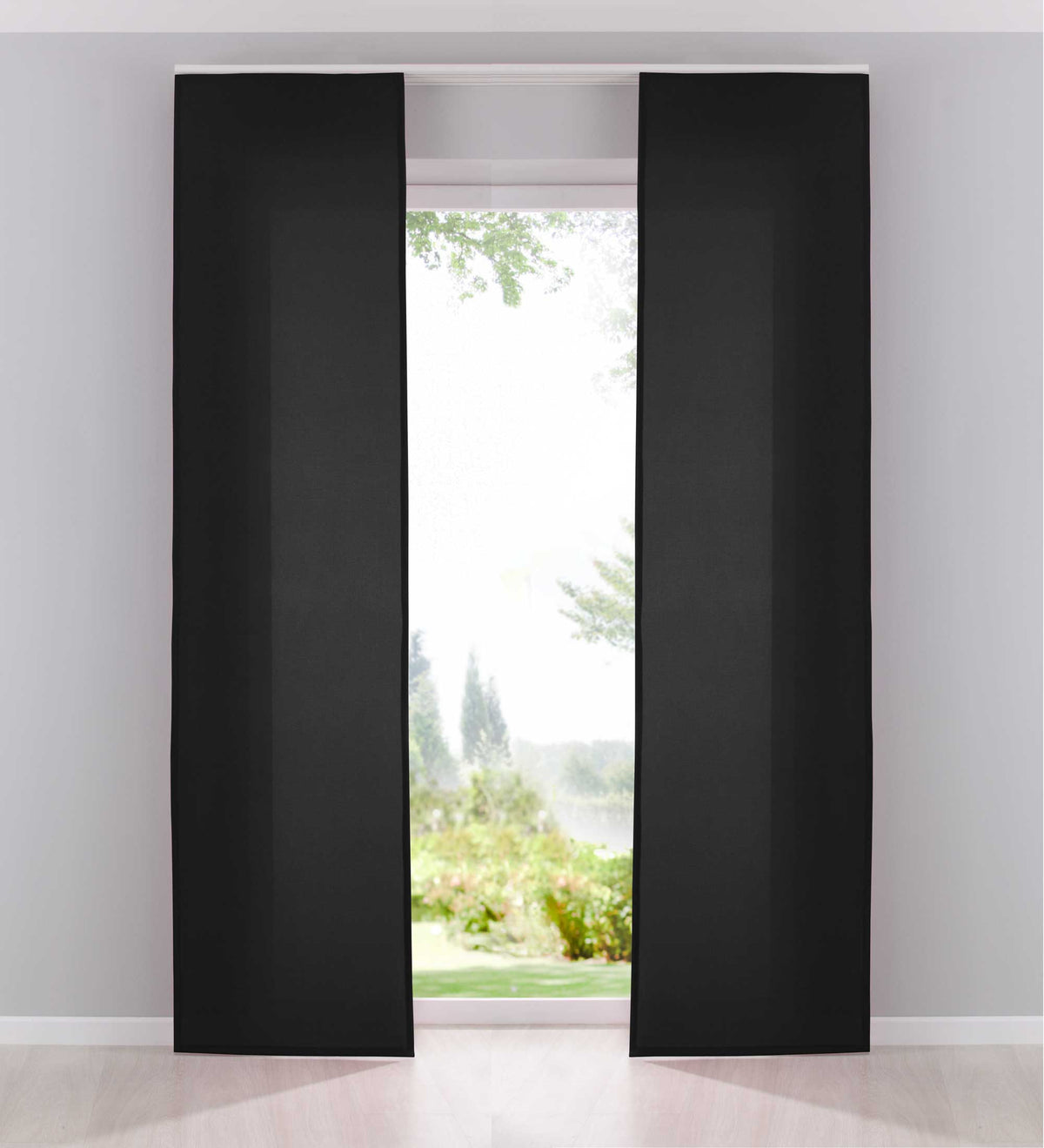 2er Pack Flächenvorhänge Schiebegardinen komplett Set Cationic blickdicht Leinen Optik natura seidenmatt Landhaus Stil 204411-2 Schwarz Schiebegardine Fl_chenvorh_nge_schwarz | gerdinenbox.com