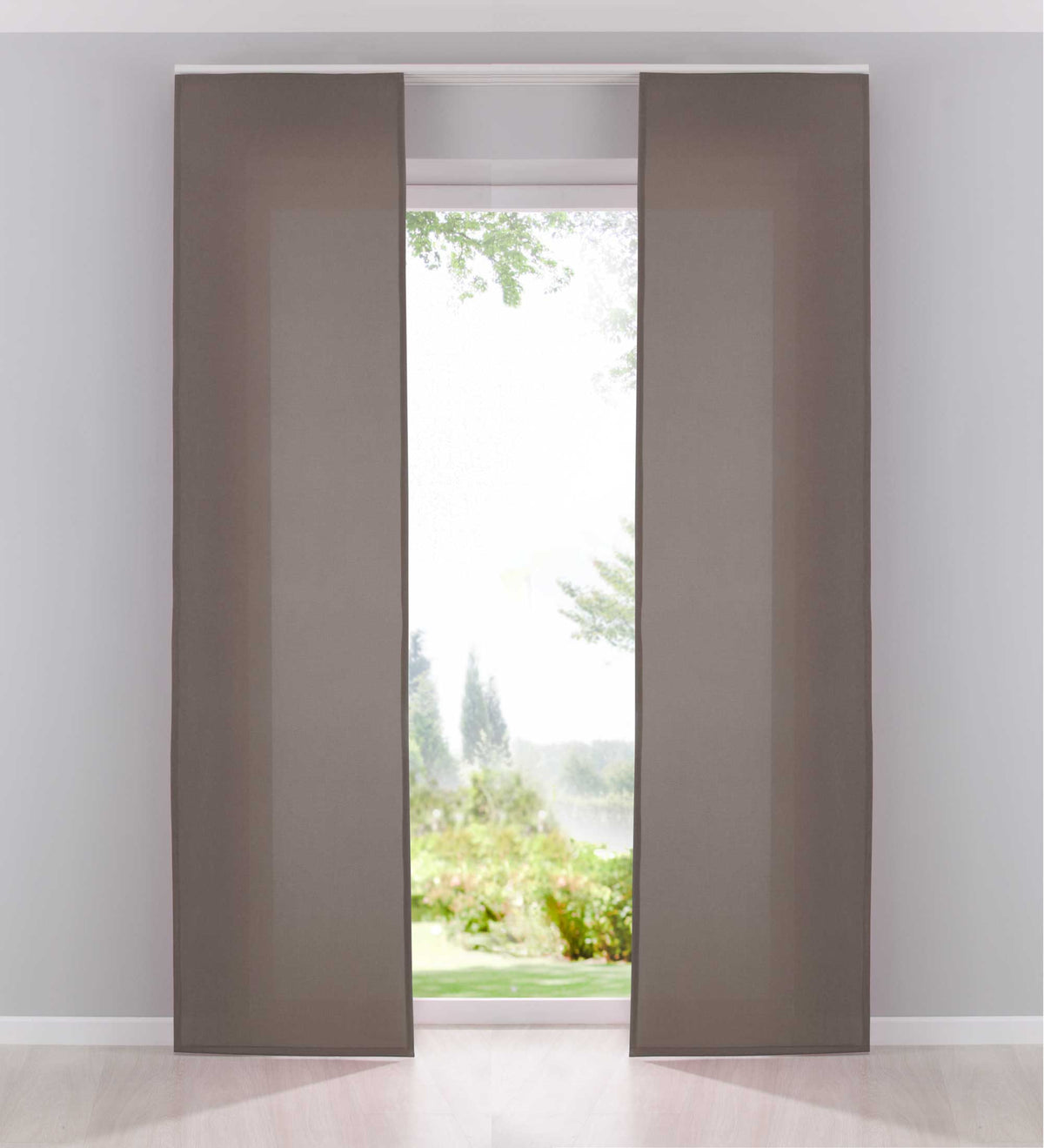 2er Pack Flächenvorhänge Schiebegardinen komplett Set Cationic blickdicht Leinen Optik natura seidenmatt Landhaus Stil 204411-2 Taupe Schiebegardine Fl_chenvorh_nge_taupe | gerdinenbox.com