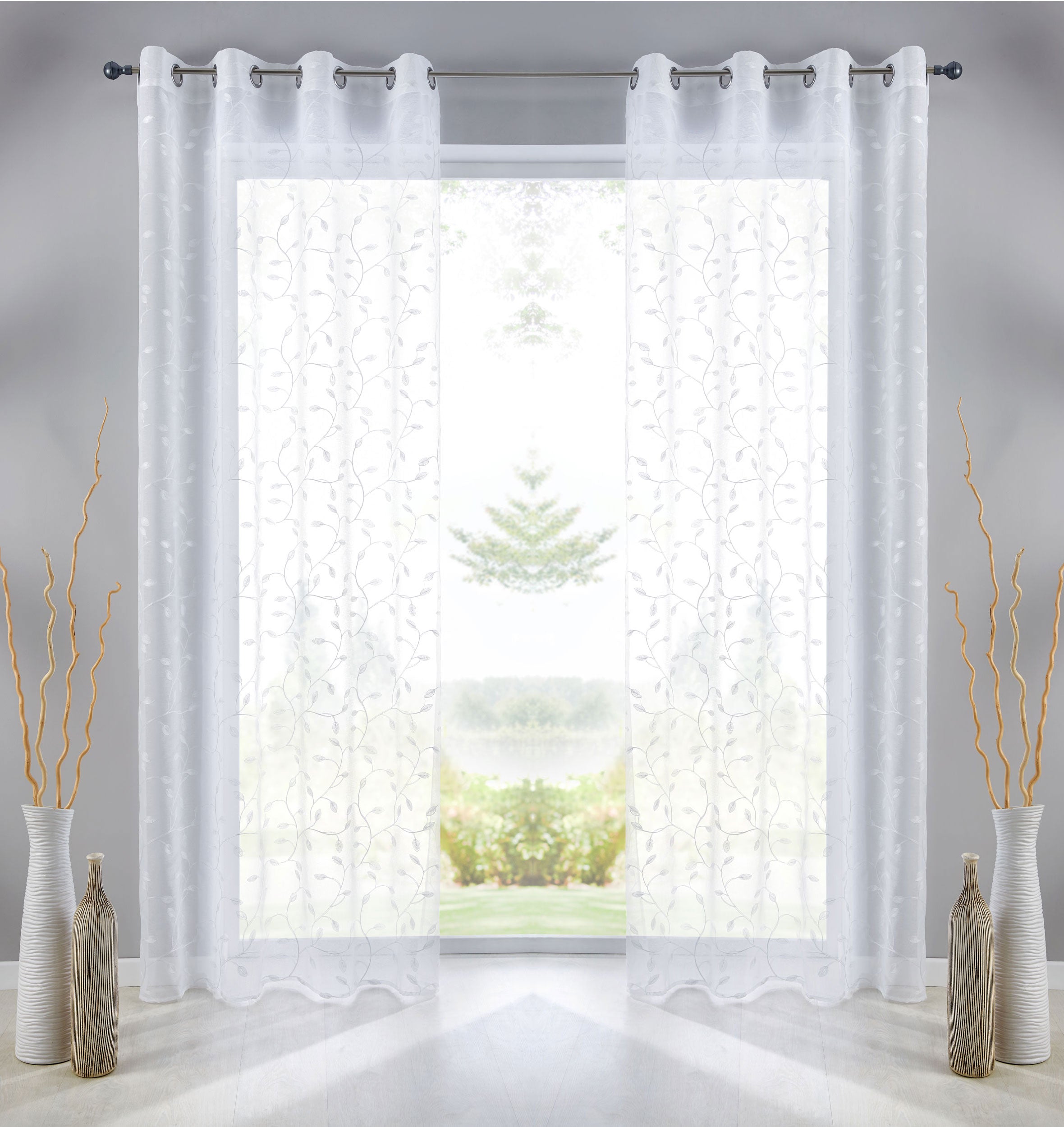 Gardine Ösen Schal Vorhang POMPEI Relief Stickerei Transparent Raffhalter 10000178 Blatt Weiß 2er-Pack HxB 245x140 cm Gardinenschal 10000178blatt_weiss-2 | gerdinenbox.com