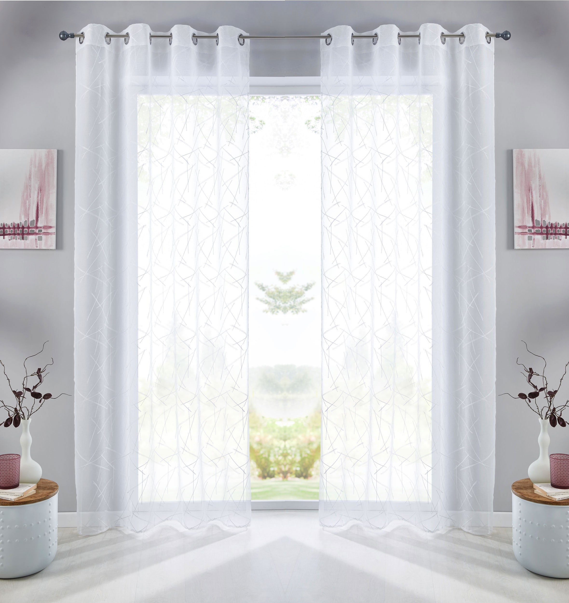 Gardine Ösen Schal Vorhang POMPEI Relief Stickerei Transparent Raffhalter 10000178 Linie Weiß 2er-Pack HxB 245x140 cm Gardinenschal 10000178linie_weiss-2 | gerdinenbox.com