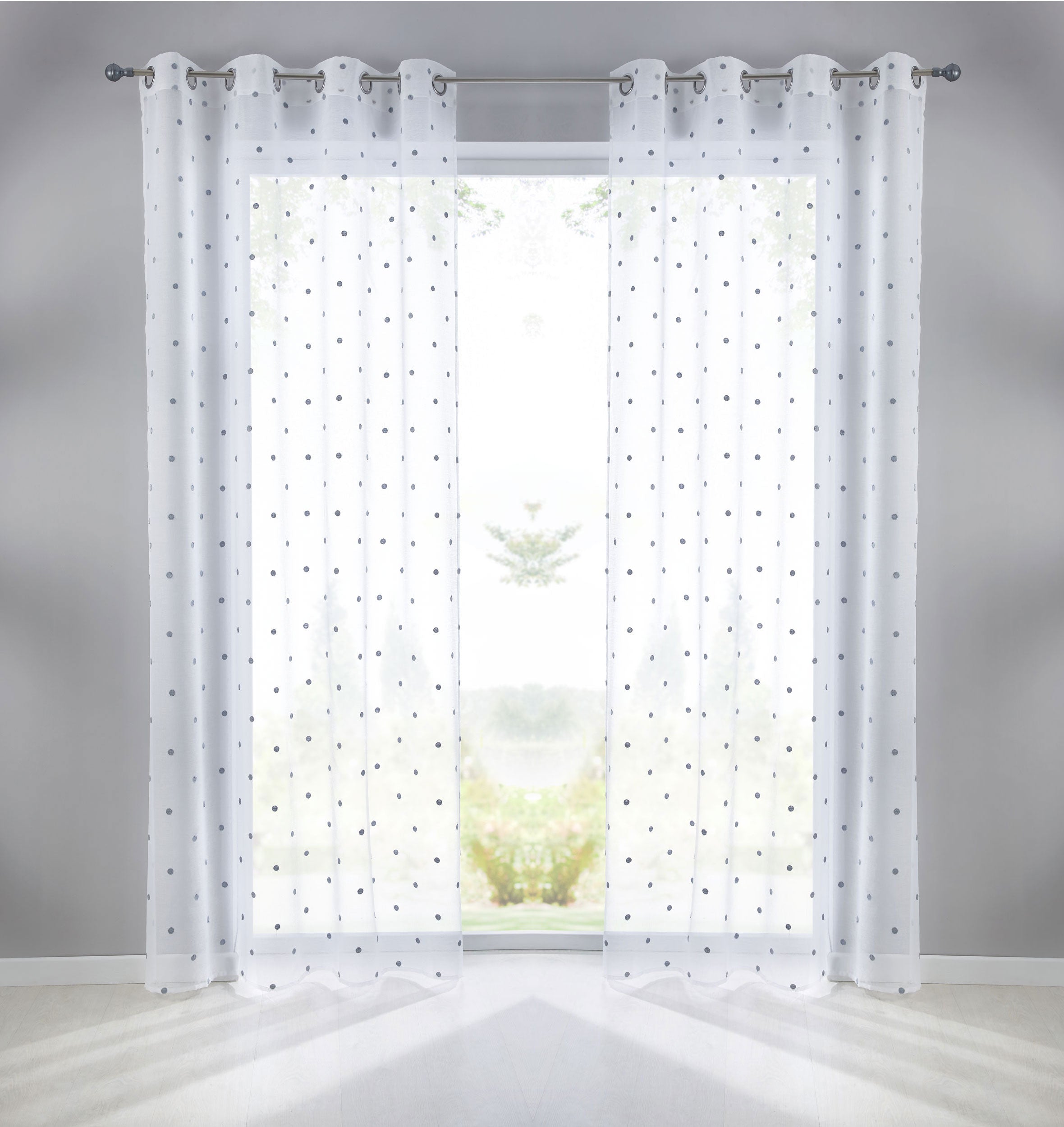 Gardine Ösen Schal Vorhang POMPEI Relief Stickerei Transparent Raffhalter 10000178 Punkt Grau 2er-Pack HxB 245x140 cm Gardinenschal 10000178punkt_grau-2 | gerdinenbox.com