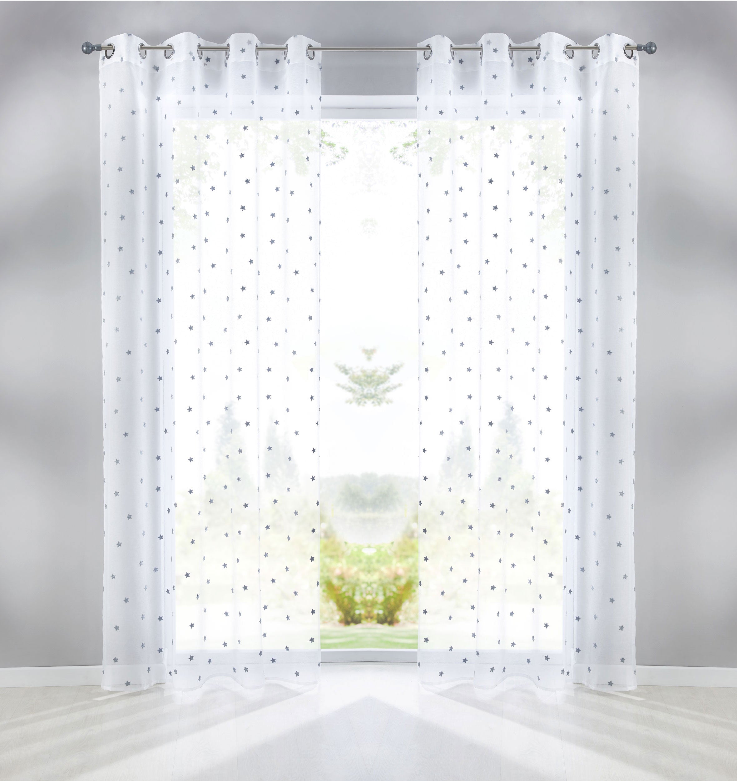 Gardine Ösen Schal Vorhang POMPEI Relief Stickerei Transparent Raffhalter 10000178 Stern Grau 2er-Pack HxB 245x140 cm Gardinenschal 10000178stern_grau-2 | gerdinenbox.com