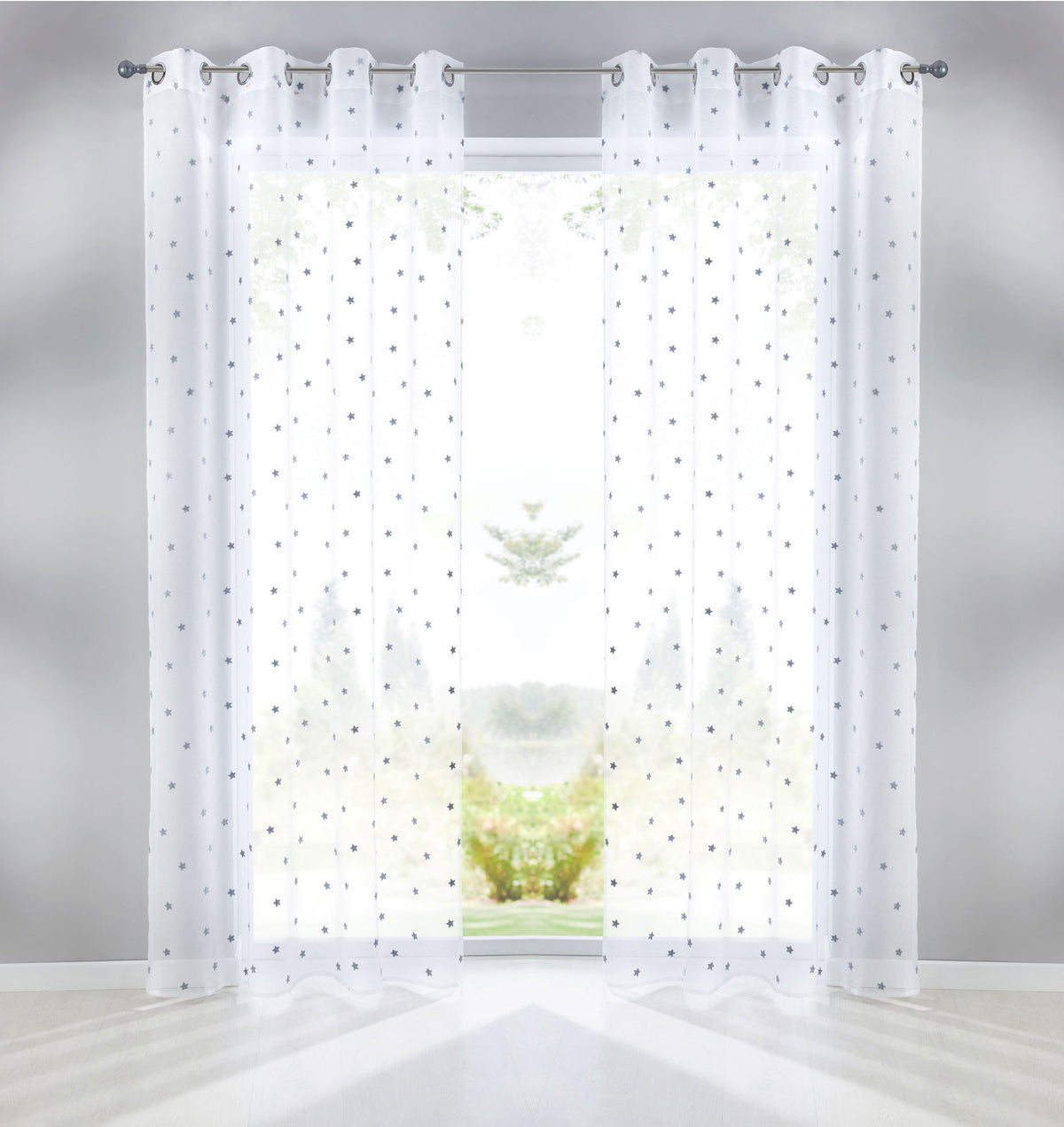 Gardine Ösen Schal Vorhang POMPEI Relief Stickerei Transparent Raffhalter 10000178 Stern Grau 2er-Pack HxB 245x140 cm Gardinenschal 10000178stern_grau-2 | gerdinenbox.com