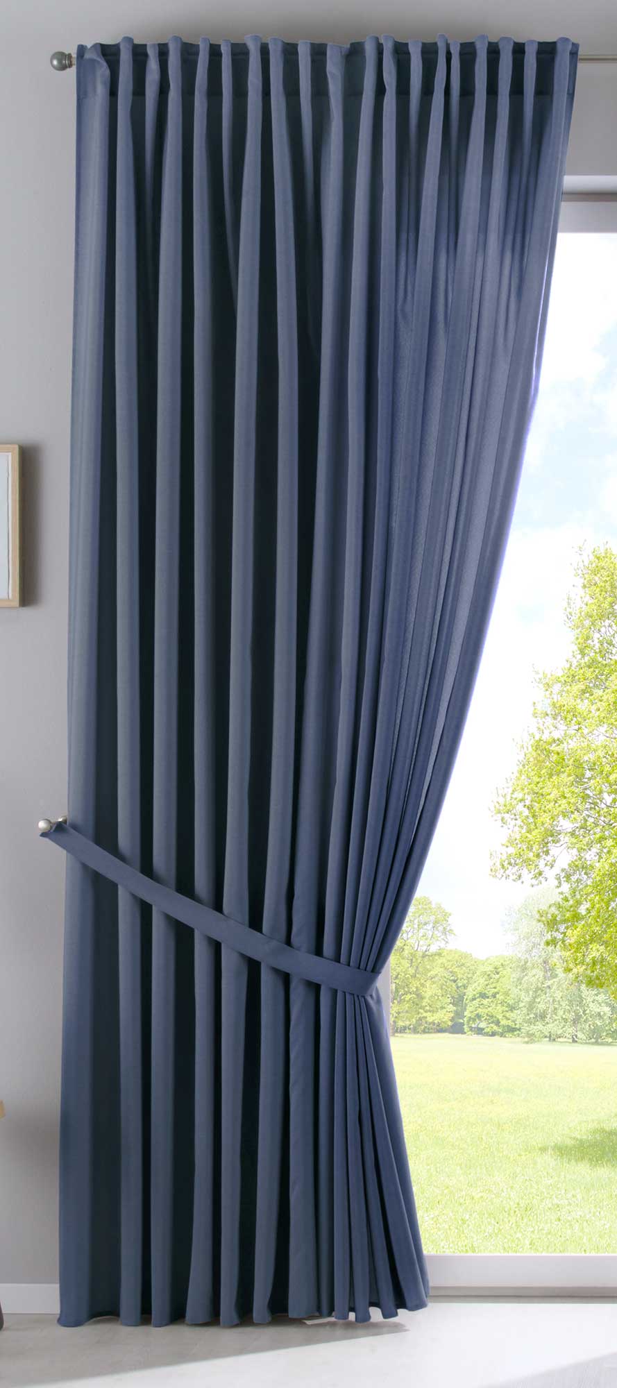 2er Set Vorhänge Verdeckte Schlaufen Cationic »JENA« Blickdicht Leinen Optik Gardinen Meliert Gardinenband mit Raffhalter 2019037-2 Vorhang Set 2019037_doppel_v2_blau | gerdinenbox.com