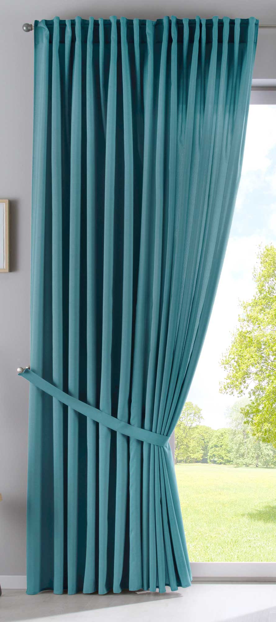 2er Set Vorhänge Verdeckte Schlaufen Cationic »JENA« Blickdicht Leinen Optik Gardinen Meliert Gardinenband mit Raffhalter 2019037-2 Vorhang Set 2019037_doppel_v2_gruen | gerdinenbox.com