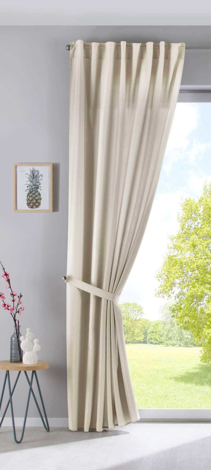 2er Set Vorhänge Verdeckte Schlaufen Cationic »JENA« Blickdicht Leinen Optik Gardinen Meliert Gardinenband mit Raffhalter 2019037-2 Vorhang Set 2019037sand-raff | gerdinenbox.com