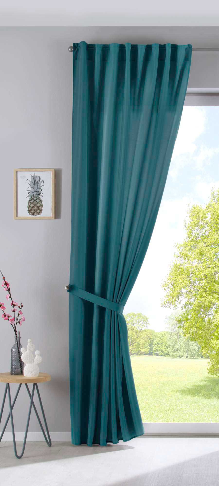 2er Set Vorhänge Verdeckte Schlaufen Cationic »JENA« Blickdicht Leinen Optik Gardinen Meliert Gardinenband mit Raffhalter 2019037-2 Vorhang Set 2019037smaragd_gruen-raff | gerdinenbox.com