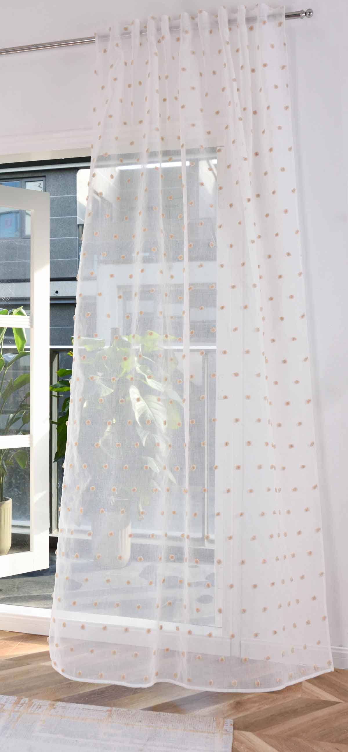 Gardine »VALENCIA« Multiband Aufhängung Scherli Transparent Leinen-Optik 2023400-408S Natur Taupe Pompom Gardinenschal 2023400-408Snatur_taupe_pompom | gerdinenbox.com
