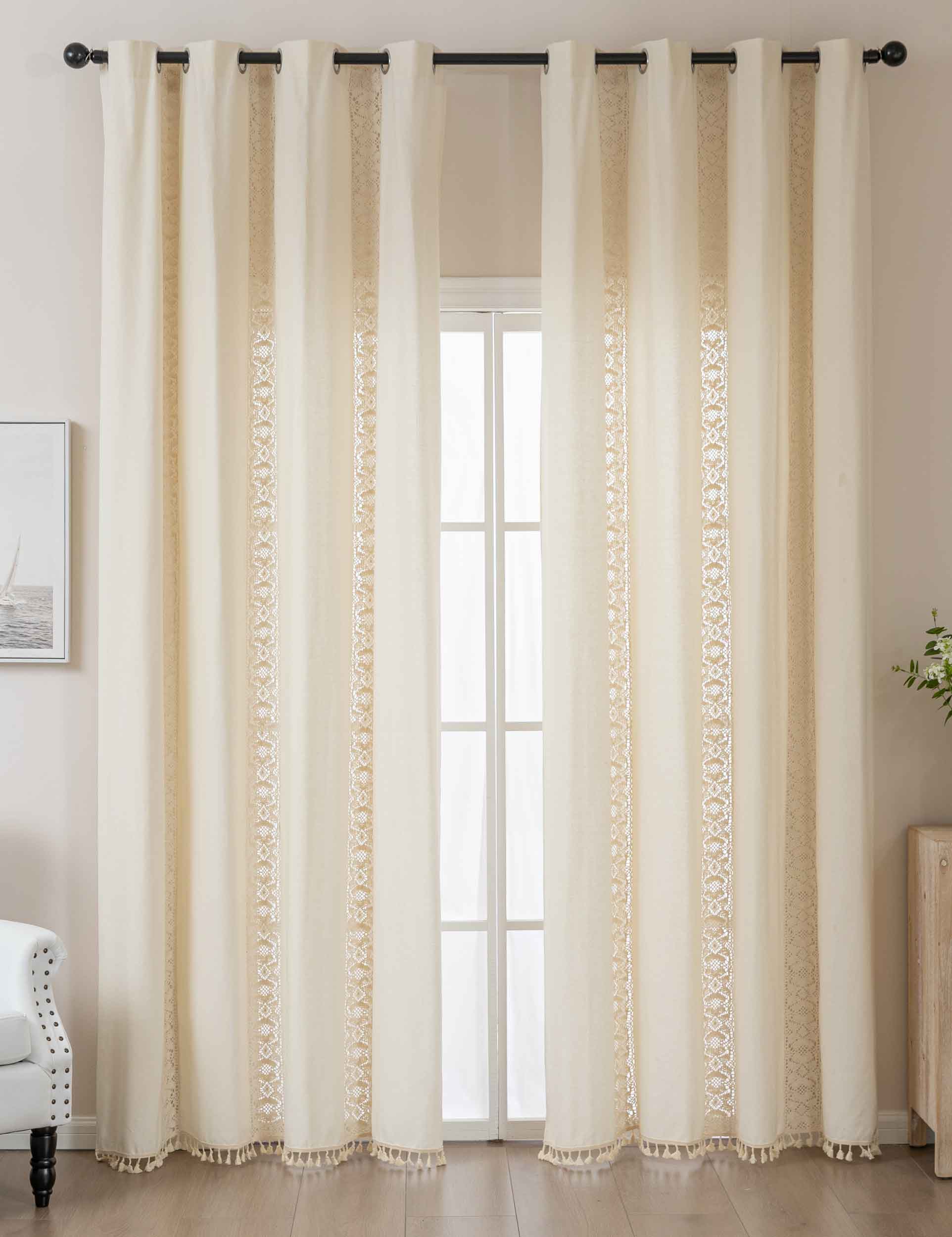 2er Set Vorhang Ösen »Osaka« HxB 245x140 cm Creme 100% Baumwolle Linenlook Makrameespitze Bommeln Raffhalter Gardinen Vorhang 2024130-2creme | gerdinenbox.com
