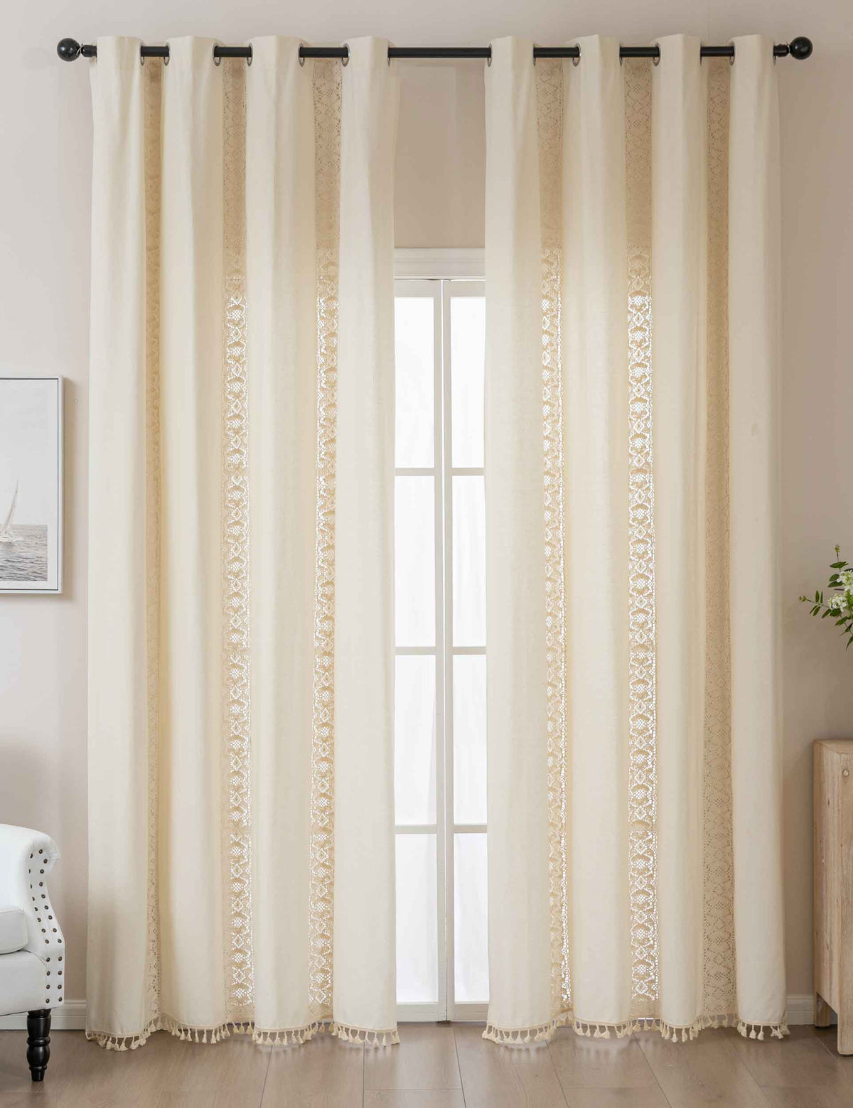 2er Set Vorhang Ösen »Osaka« HxB 245x140 cm Creme 100% Baumwolle Linenlook Makrameespitze Bommeln Raffhalter Gardinen Vorhang 2024130-2creme | gerdinenbox.com