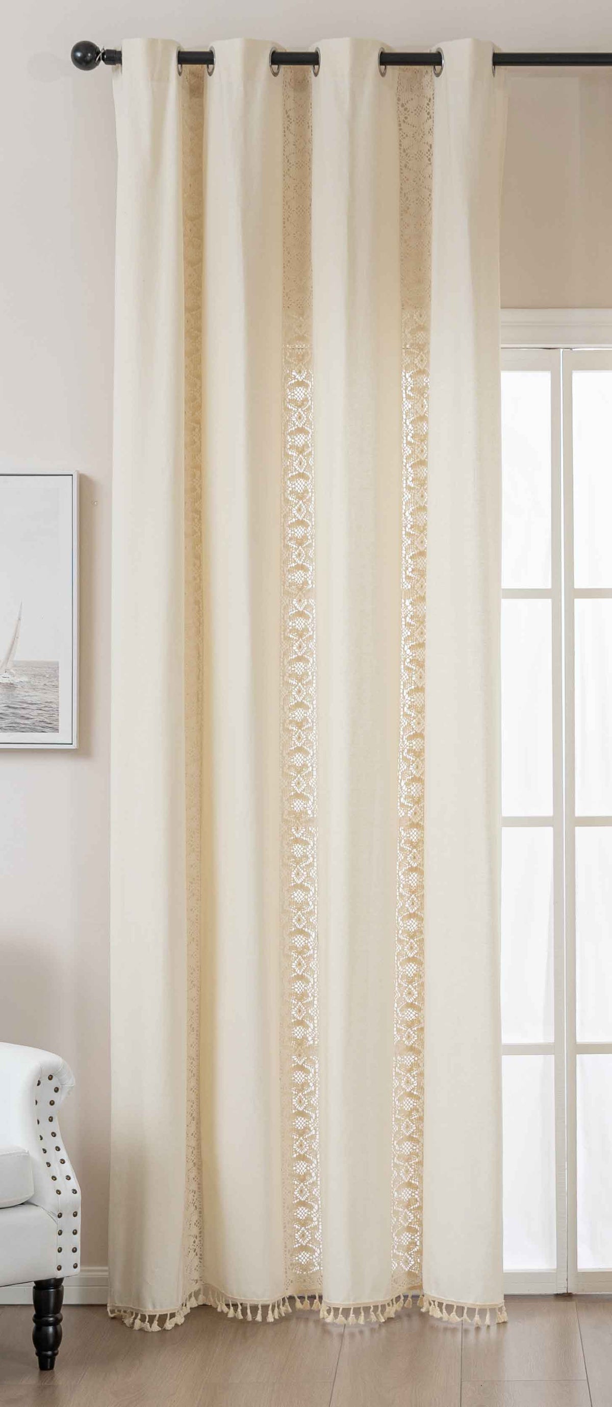Vorhang Ösen »Osaka« HxB 245x140 cm Creme 100% Baumwolle Linenlook Makrameespitze Bommeln Raffhalter Gardinenschal 2024130creme | gerdinenbox.com
