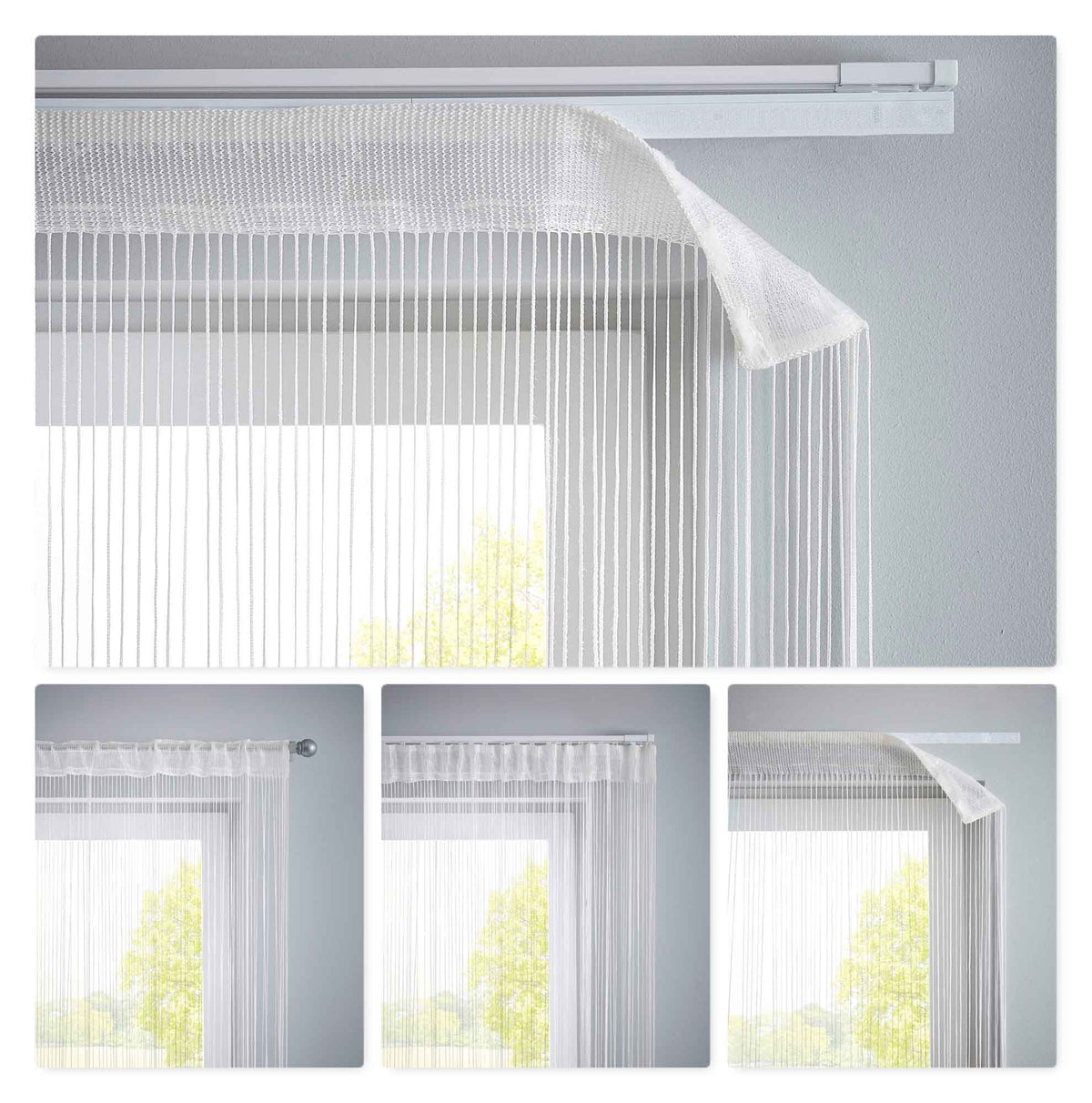 Fadengardine mit Tunneldurchzug und eingenähtem Kräuselband, geeignet für Gardinenstangen und Gardinenschienen Fadenvorhang Fadenstore Raumteiler 20303CN Fadengardine 20303-collage_3_c695899f-a859-4a8e-bddc-ea3bea260242 | gerdinenbox.com
