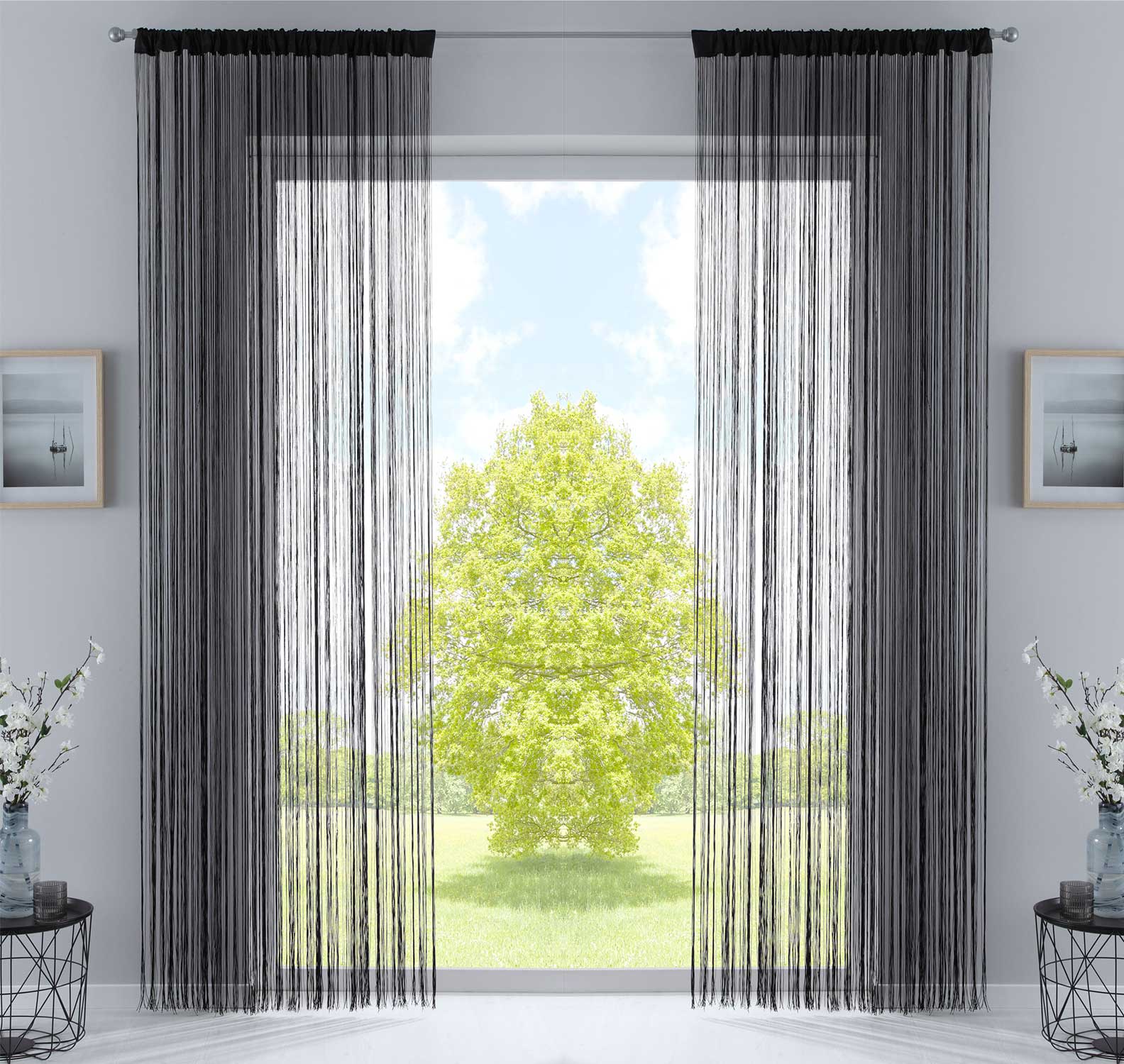 2er Set Fadengardine mit Tunneldurchzug und eingenähtem Kräuselband, geeignet für Gardinenstangen und Gardinenschienen Fadenvorhänge Fadenstores Raumteiler 20303CN2 Schwarz HxB 270x140 cm Fadengardine 20303CN2schwarz_11170628-6258-424f-b852-c141e9e44434 | gerdinenbox.com