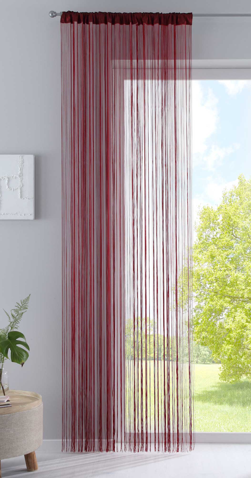 Fadengardine mit Tunneldurchzug und eingenähtem Kräuselband, geeignet für Gardinenstangen und Gardinenschienen Fadenvorhang Fadenstore Raumteiler 20303CN Bordeaux HxB 270x90 cm Fadengardine 20303CNbordeaux_5a27a079-2c15-456b-b9d9-b555acd9c150 | gerdinenbox.com