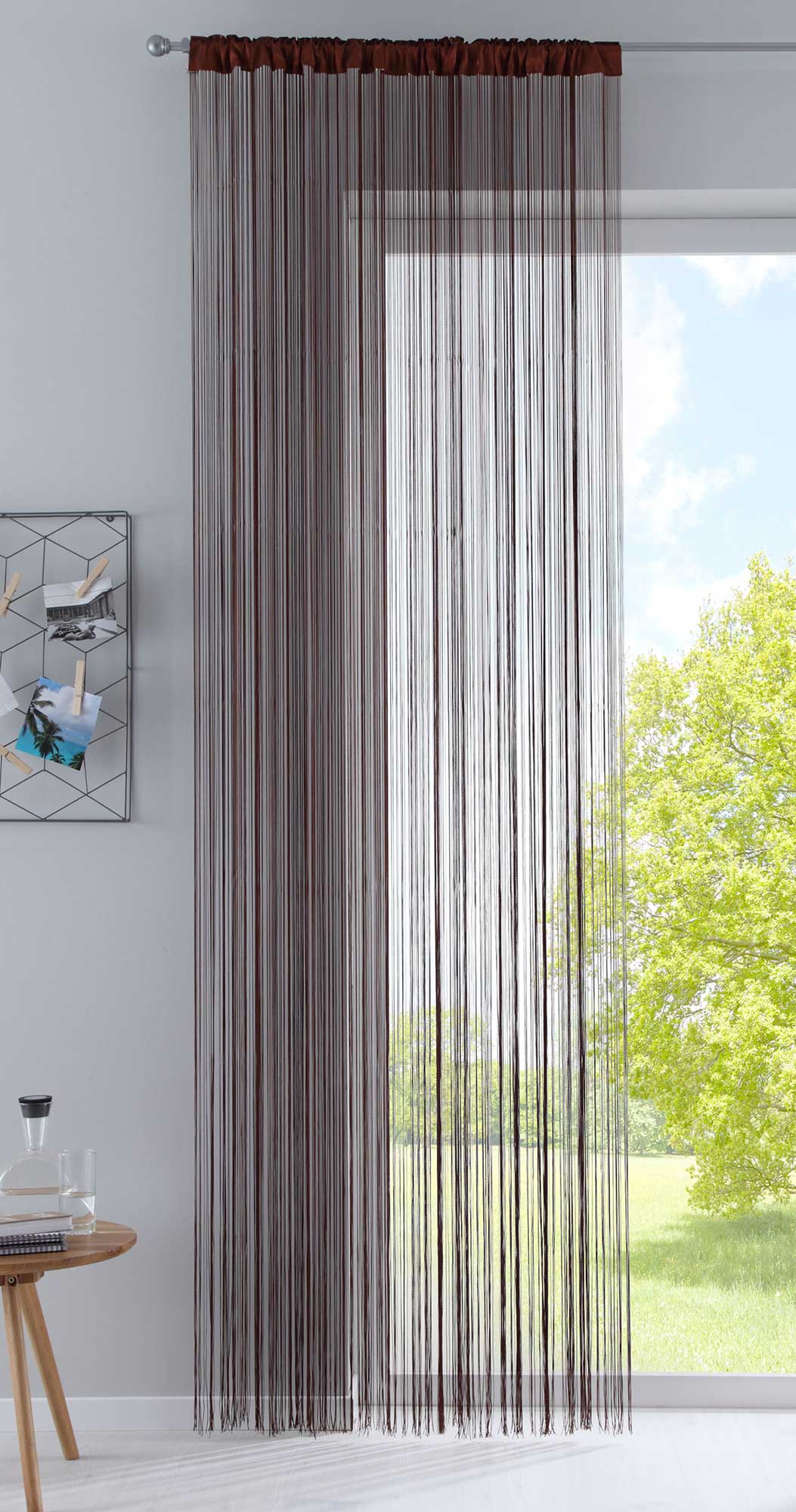 Fadengardine mit Tunneldurchzug und eingenähtem Kräuselband, geeignet für Gardinenstangen und Gardinenschienen Fadenvorhang Fadenstore Raumteiler 20303CN Braun HxB 270x90 cm Fadengardine 20303CNbraun_9faf871b-e291-469f-a5e2-5b48ba960a66 | gerdinenbox.com