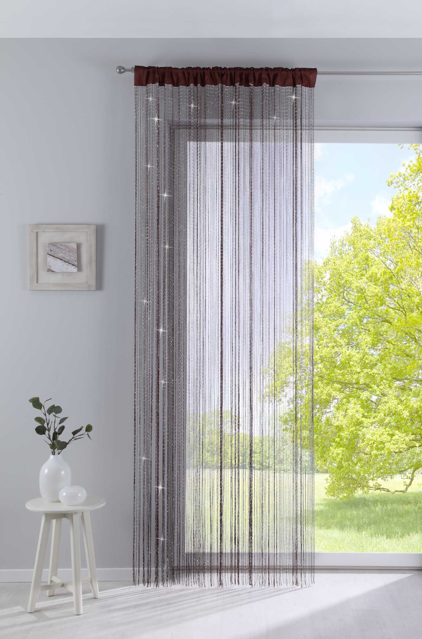 Fadengardine mit Tunneldurchzug und eingenähtem Kräuselband, geeignet für Gardinenstangen und Gardinenschienen Fadenvorhang Fadenstore Raumteiler 20303CN Braun Lurex HxB 250x140 cm Fadengardine 20303CNbraun_lurex_a32e0771-be9c-4efa-a177-b04fe917aacd | gerdinenbox.com