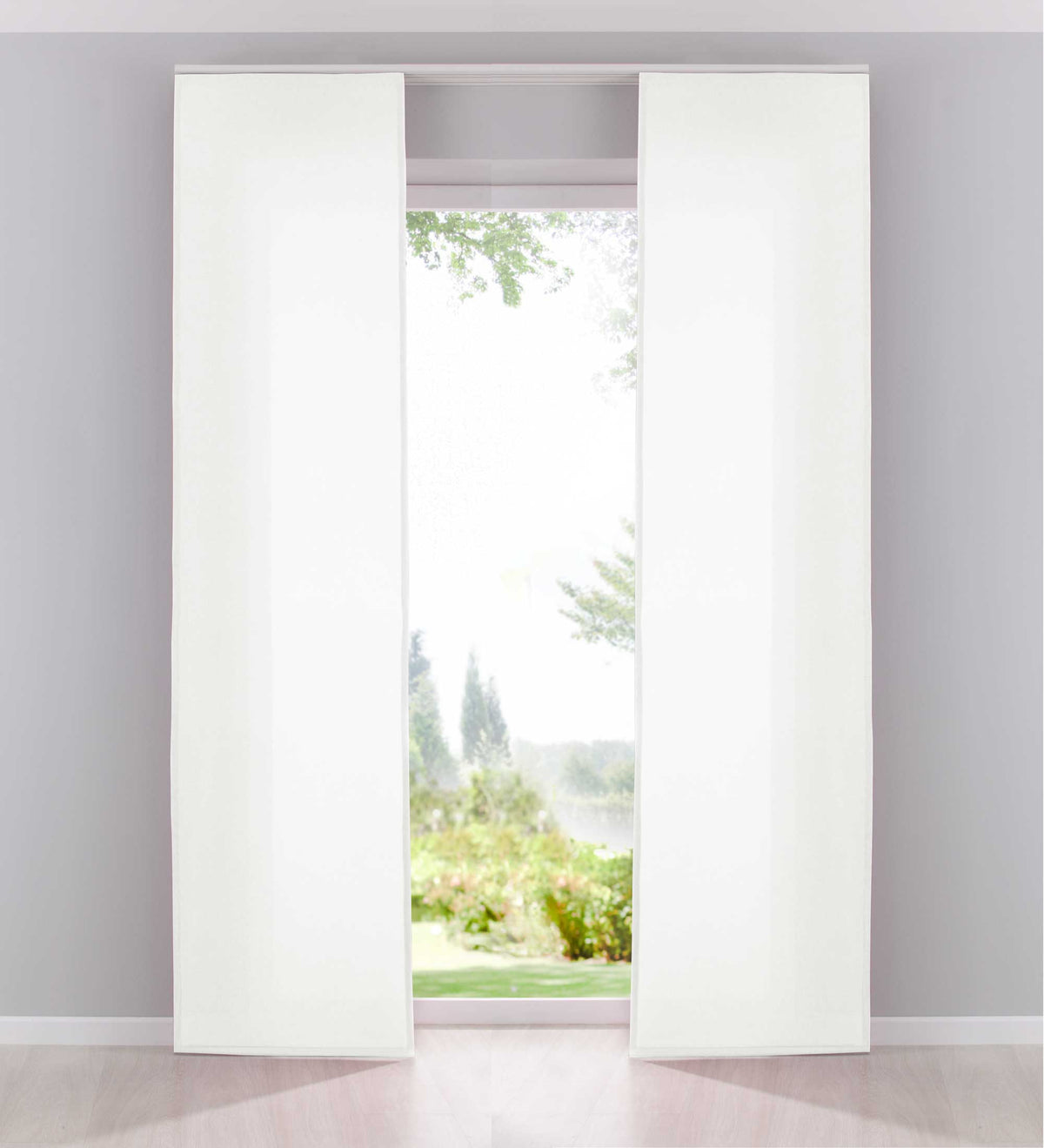 2er Pack Flächenvorhänge Schiebegardinen komplett Set Cationic blickdicht Leinen Optik natura seidenmatt Landhaus Stil 204411-2 Weiß Schiebegardine 204411-2weiss | gerdinenbox.com