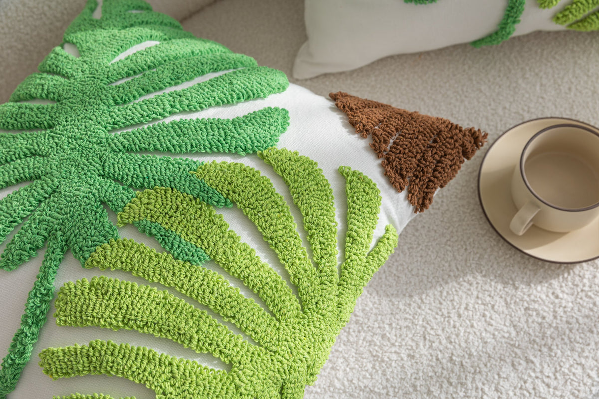 Kissenhülle »Cottbus« LxB 45x45 cm Grün Frottee-Stickerei 100% Baumwolle Monstera Blattmuster hochwertiger Leinenstoff 202490K Kissenhülle 3F3A3684 | gerdinenbox.com