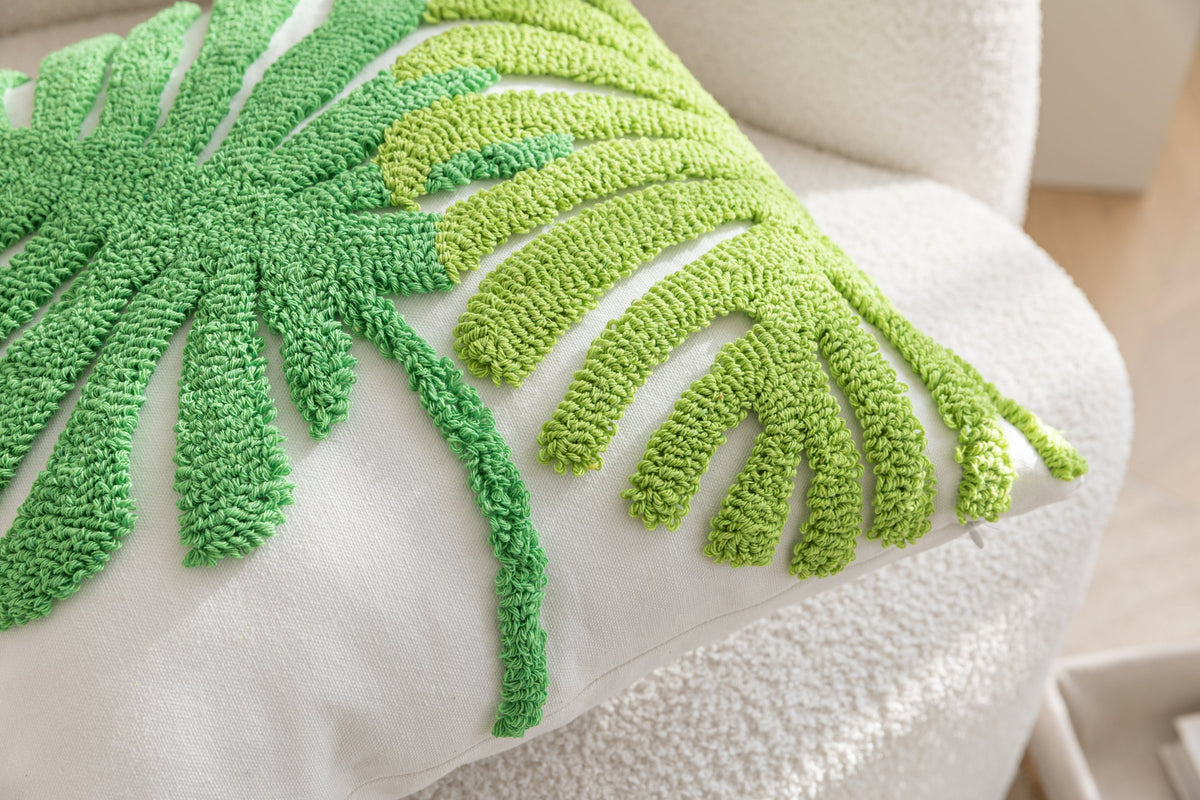 Kissenhülle »Cottbus« LxB 45x45 cm Grün Frottee-Stickerei 100% Baumwolle Monstera Blattmuster hochwertiger Leinenstoff 202490K Kissenhülle 3F3A3698 | gerdinenbox.com