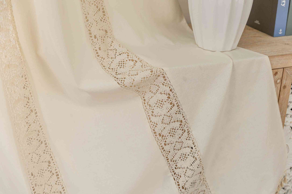 Vorhang Ösen »Osaka« HxB 245x140 cm Creme 100% Baumwolle Linenlook Makrameespitze Bommeln Raffhalter Gardinenschal 3F3A7223 | gerdinenbox.com