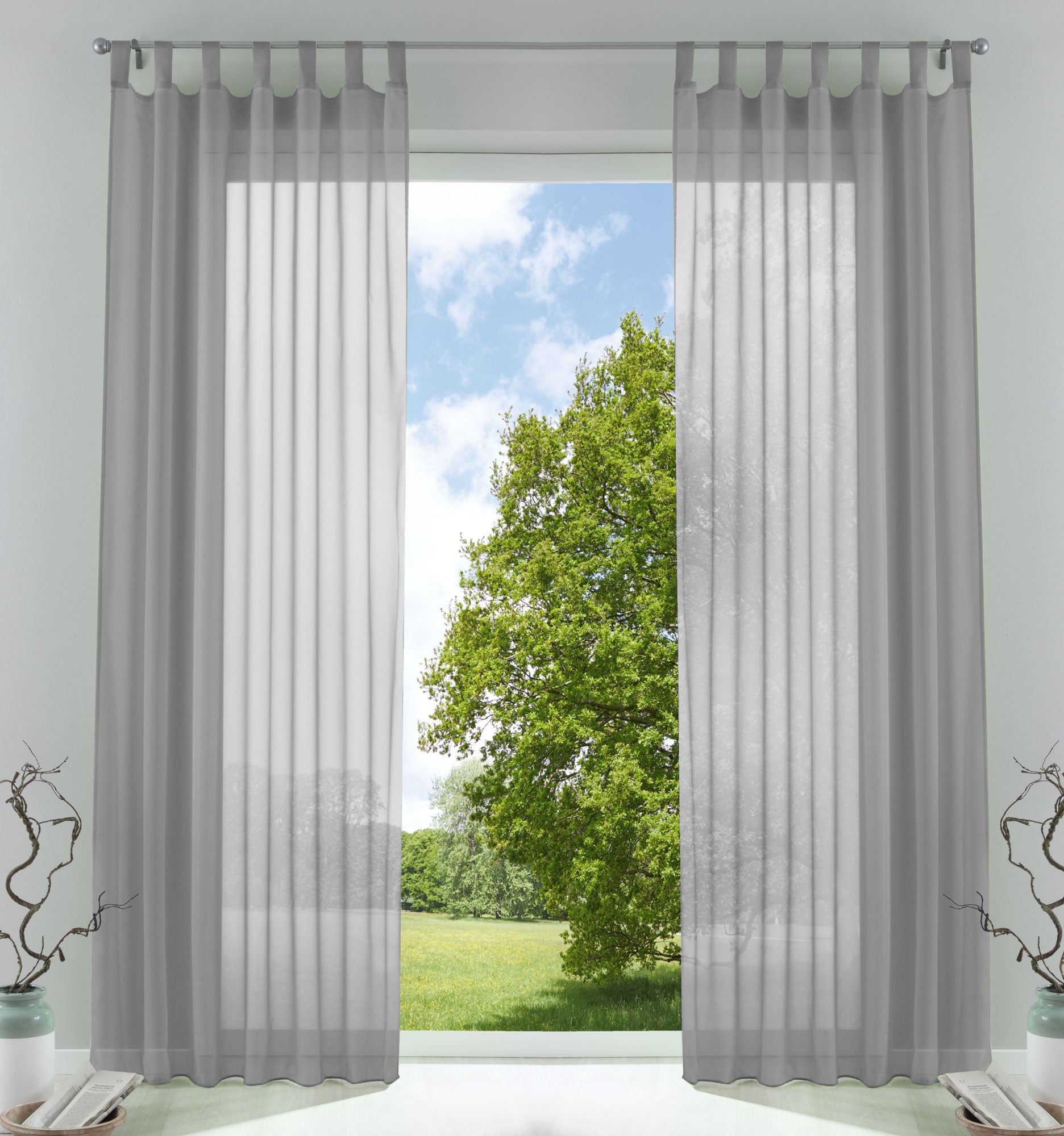 2er-Pack Gardinen Transparent Vorhang Set Wohnzimmer Voile Schlaufenschal mit Bleibandabschluß 61000CN Grau HxB 245x140 cm Gardinen Set 61000CNgrau | gerdinenbox.com