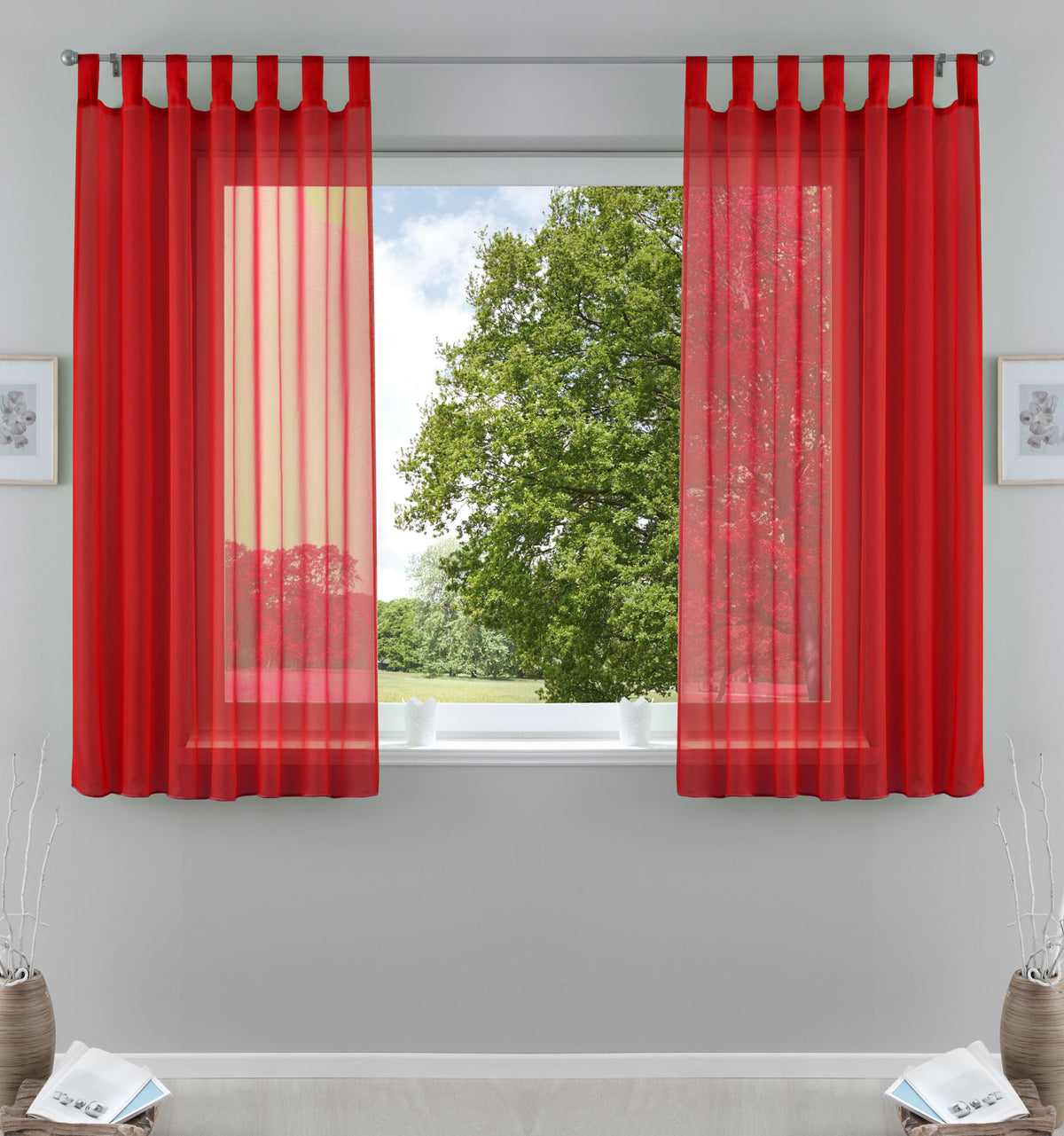 2er-Pack Gardinen Transparent Vorhang Set Wohnzimmer Voile Schlaufenschal mit Bleibandabschluß 61000CN Rot HxB 175x140 cm Gardinen Set 61000CNrot-175 | gerdinenbox.com