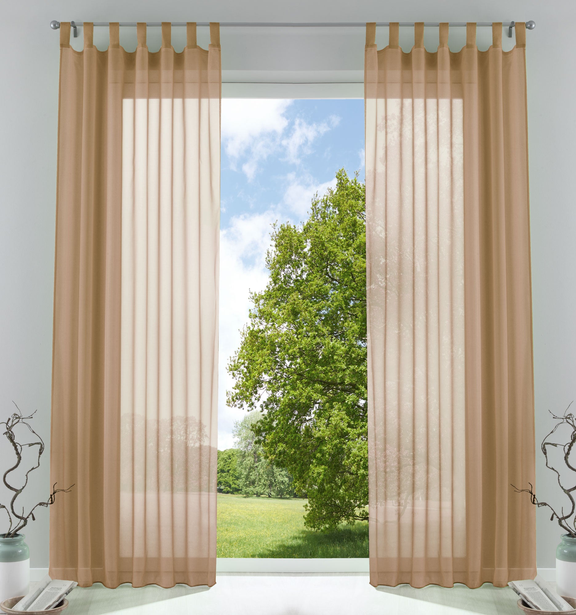 2er-Pack Gardinen Transparent Vorhang Set Wohnzimmer Voile Schlaufenschal mit Bleibandabschluß 61000CN Sand HxB 245x140 cm Gardinen Set 61000CNsand | gerdinenbox.com