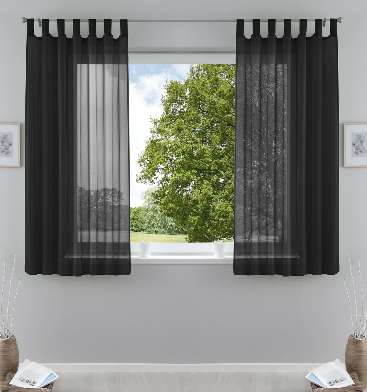 2er-Pack Gardinen Transparent Vorhang Set Wohnzimmer Voile Schlaufenschal mit Bleibandabschluß 61000CN Schwarz HxB 175x140 cm Gardinen Set 61000CNschwarz-175 | gerdinenbox.com