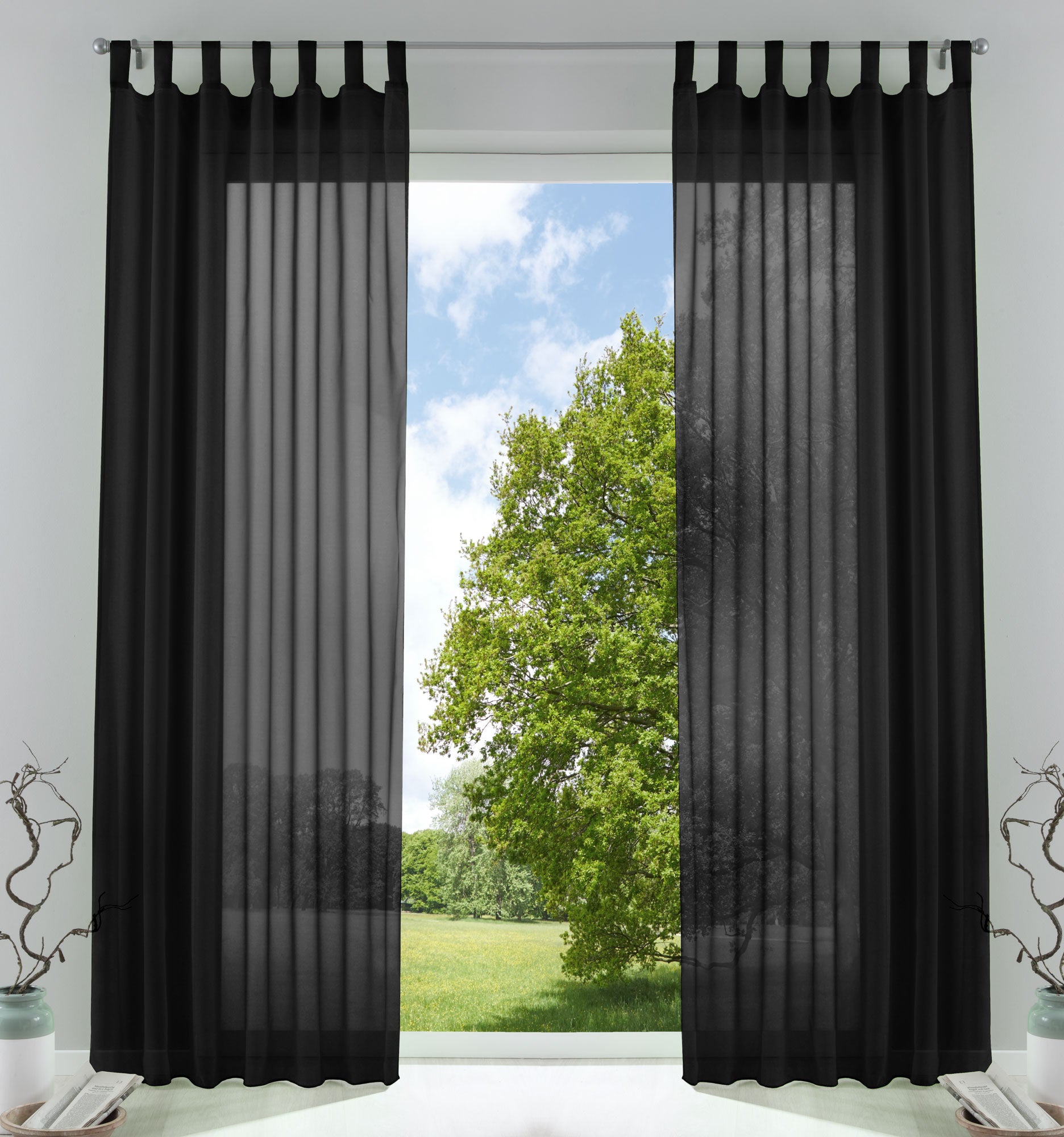 2er-Pack Gardinen Transparent Vorhang Set Wohnzimmer Voile Schlaufenschal mit Bleibandabschluß 61000CN Schwarz HxB 245x140 cm Gardinen Set 61000CNschwarz | gerdinenbox.com