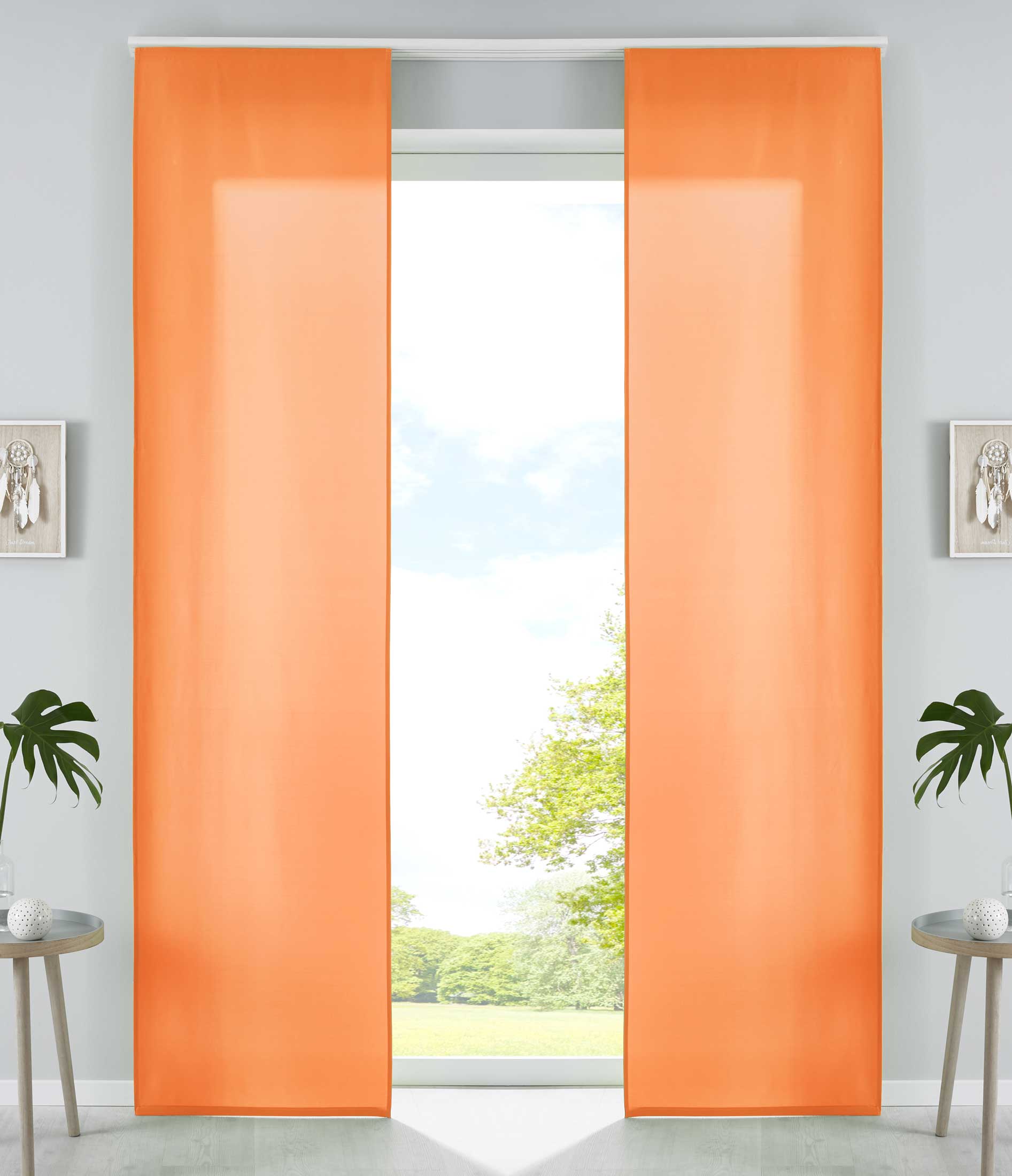 2er Set Schiebegardinen Flächenvorhänge Mikrofaser Vorhang Gardine Schiebe Matt Paneelwagen Beschwerungsstangen 85600N2 Orange Schiebegardine 85600N2orange | gerdinenbox.com
