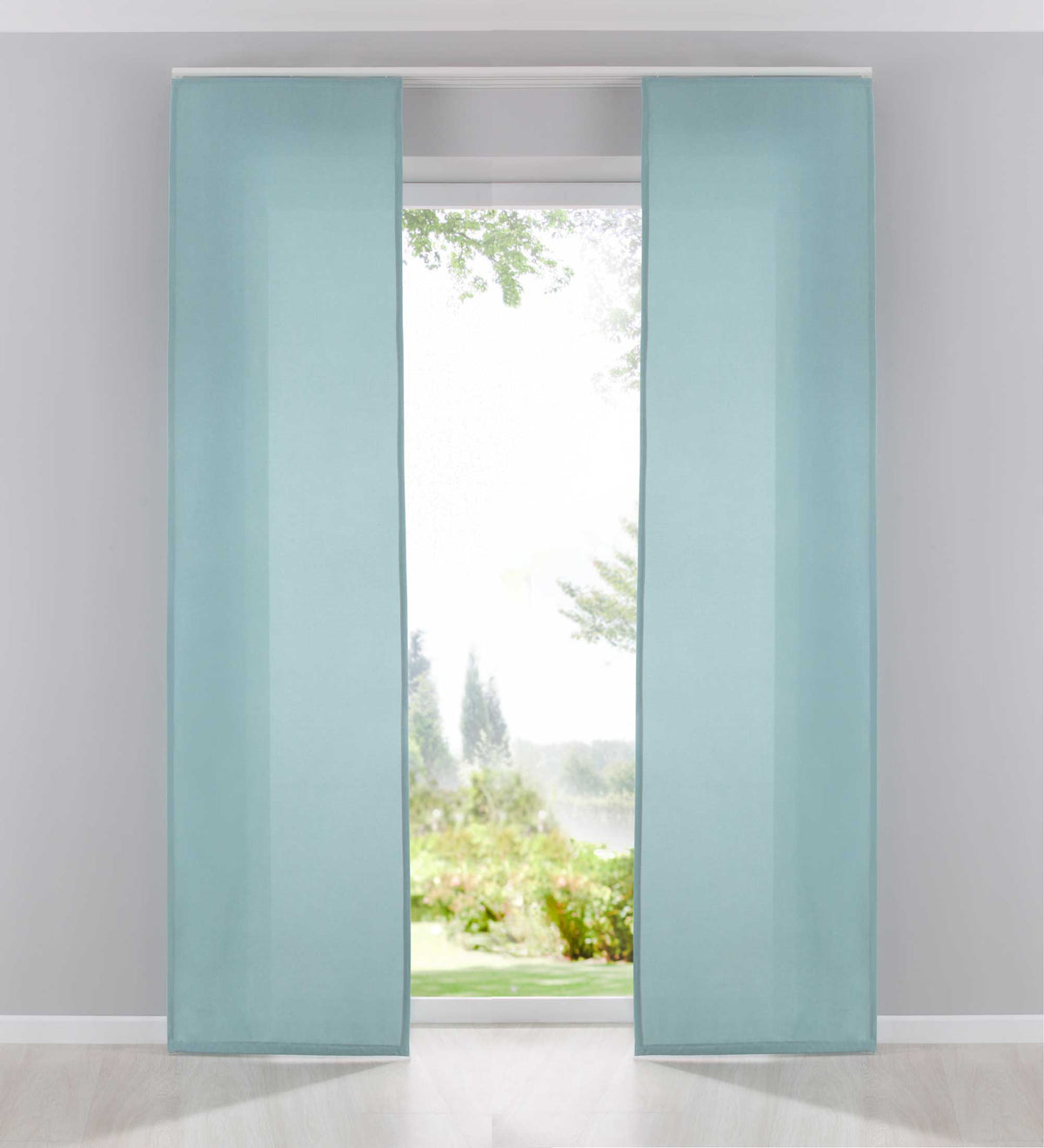 2er Pack Flächenvorhänge Schiebegardinen komplett Set Cationic blickdicht Leinen Optik natura seidenmatt Landhaus Stil 204411-2 Aqua Schiebegardine Fl_chenvorh_nge_aqua | gerdinenbox.com