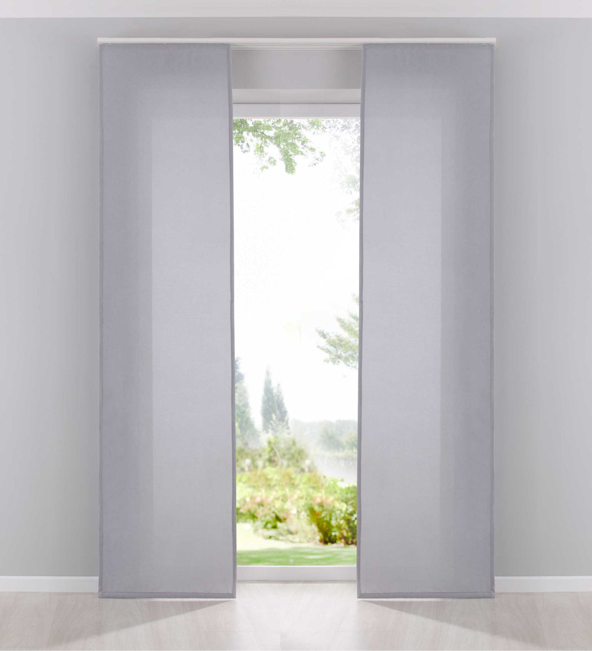 2er Pack Flächenvorhänge Schiebegardinen komplett Set Cationic blickdicht Leinen Optik natura seidenmatt Landhaus Stil 204411-2 Grau Schiebegardine Fl_chenvorh_nge_grau | gerdinenbox.com