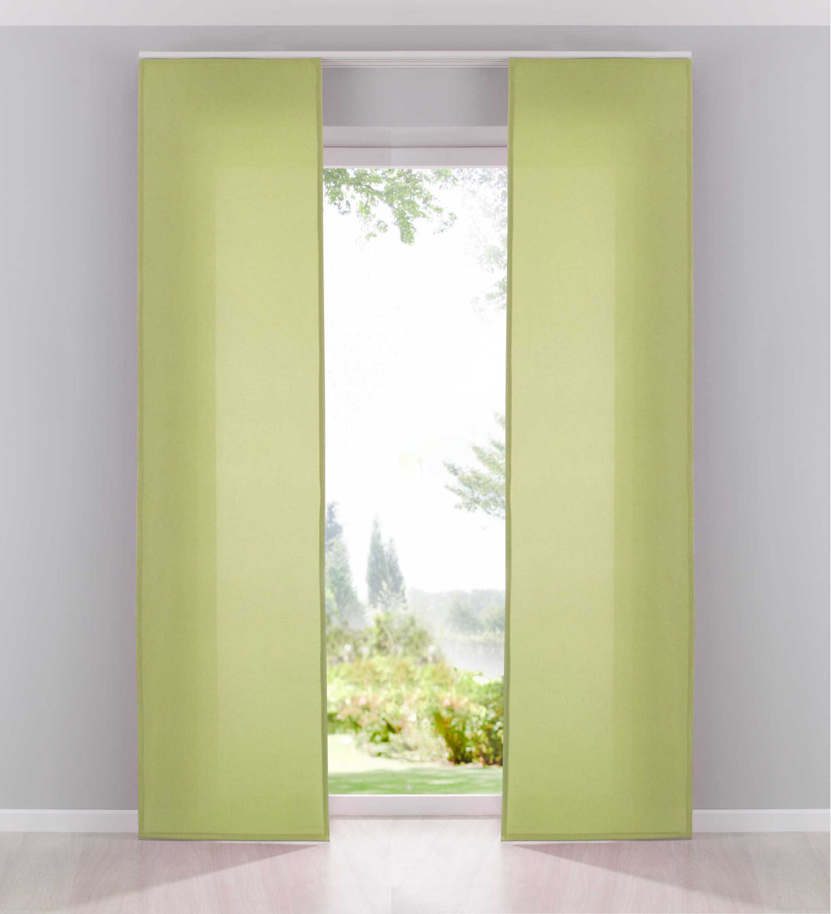 2er Pack Flächenvorhänge Schiebegardinen komplett Set Cationic blickdicht Leinen Optik natura seidenmatt Landhaus Stil 204411-2 Limette Schiebegardine Schiebegardine_limette | gerdinenbox.com